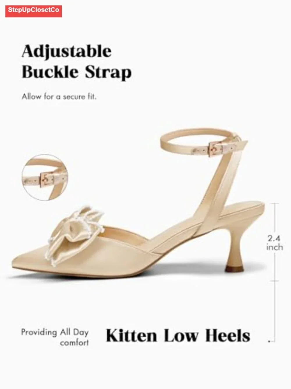 Women's Satin Kitten Heels Bow Pearl Closed Toe Pointed Pumps Wedding Shoes